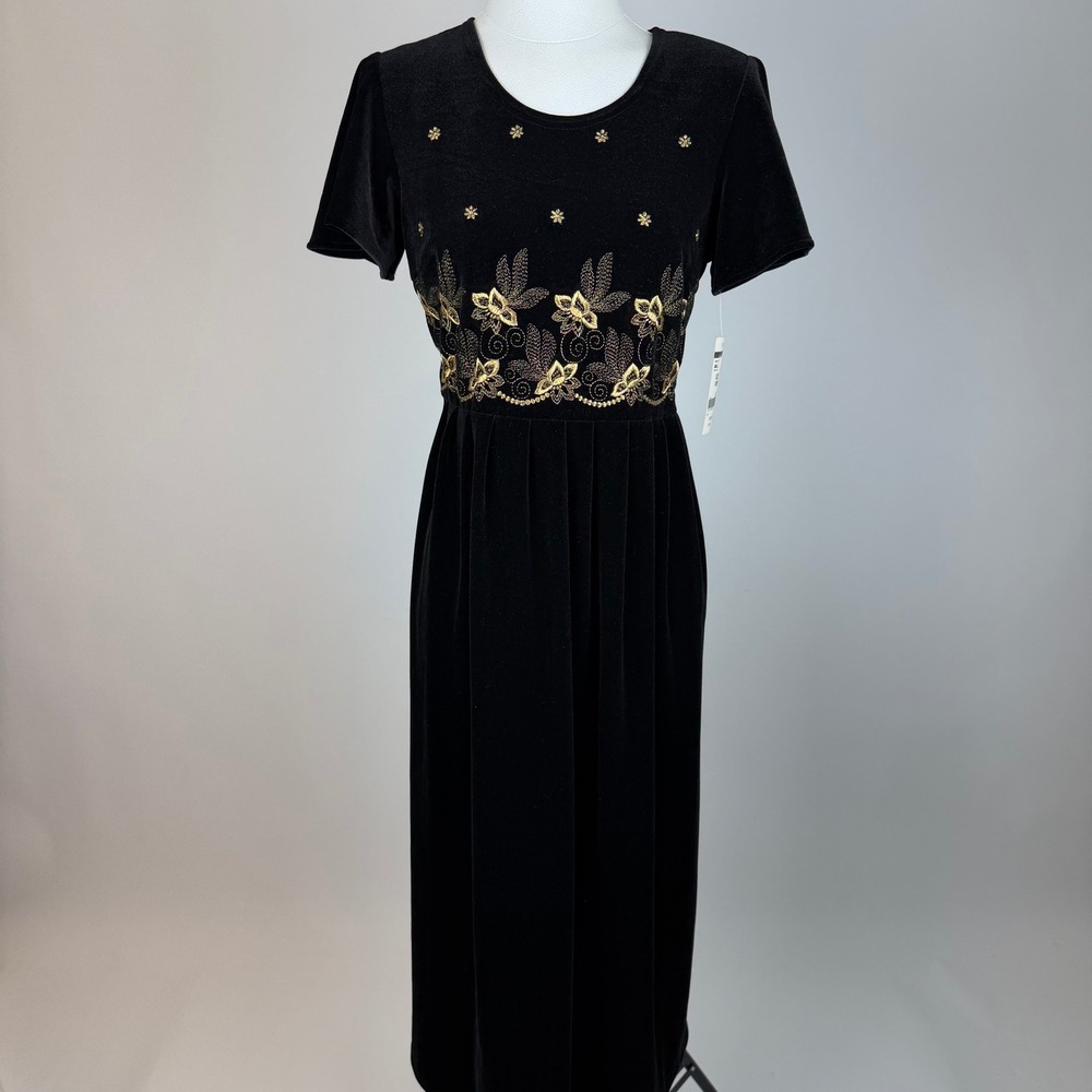 NWT Another Thyme Black Velvet Gold Embroidered Prairie Maxi Dress Petite Sz 10P
